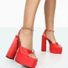 Public Desire Frozen Satin Sparkly Diamante Strap Open Toe Block Platform Heels | Women Platform Heels