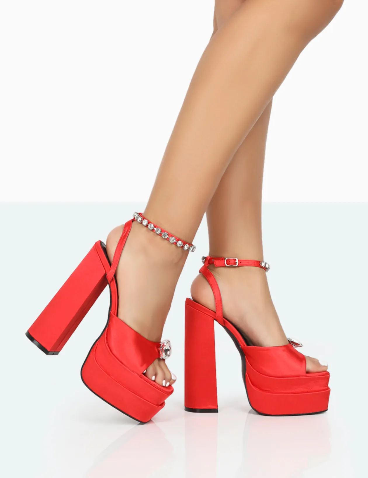 Public Desire Frozen Satin Sparkly Diamante Strap Open Toe Block Platform Heels | Women Platform Heels