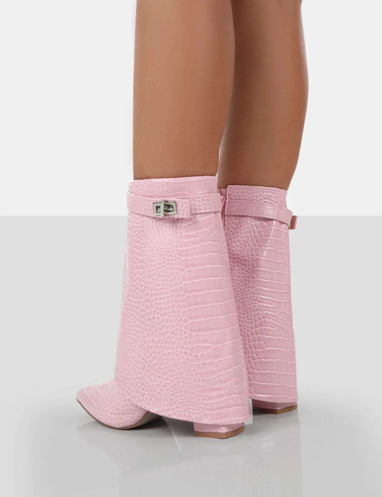 Public Desire Fyre Baby Croc Pointed Toe Block Heeled Ankle Boots | Women Heeled Boots