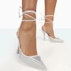 Public Desire Galaxy Sparkly Diamante Pointed Stiletto Toe Lace Up Wrap Around Heels | Women Court Heels