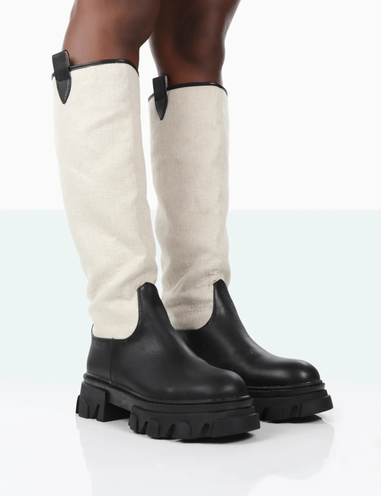 Public Desire Genius Pu Knee High Linen Platform Chunky Sole Boots | Women Knee High Boots