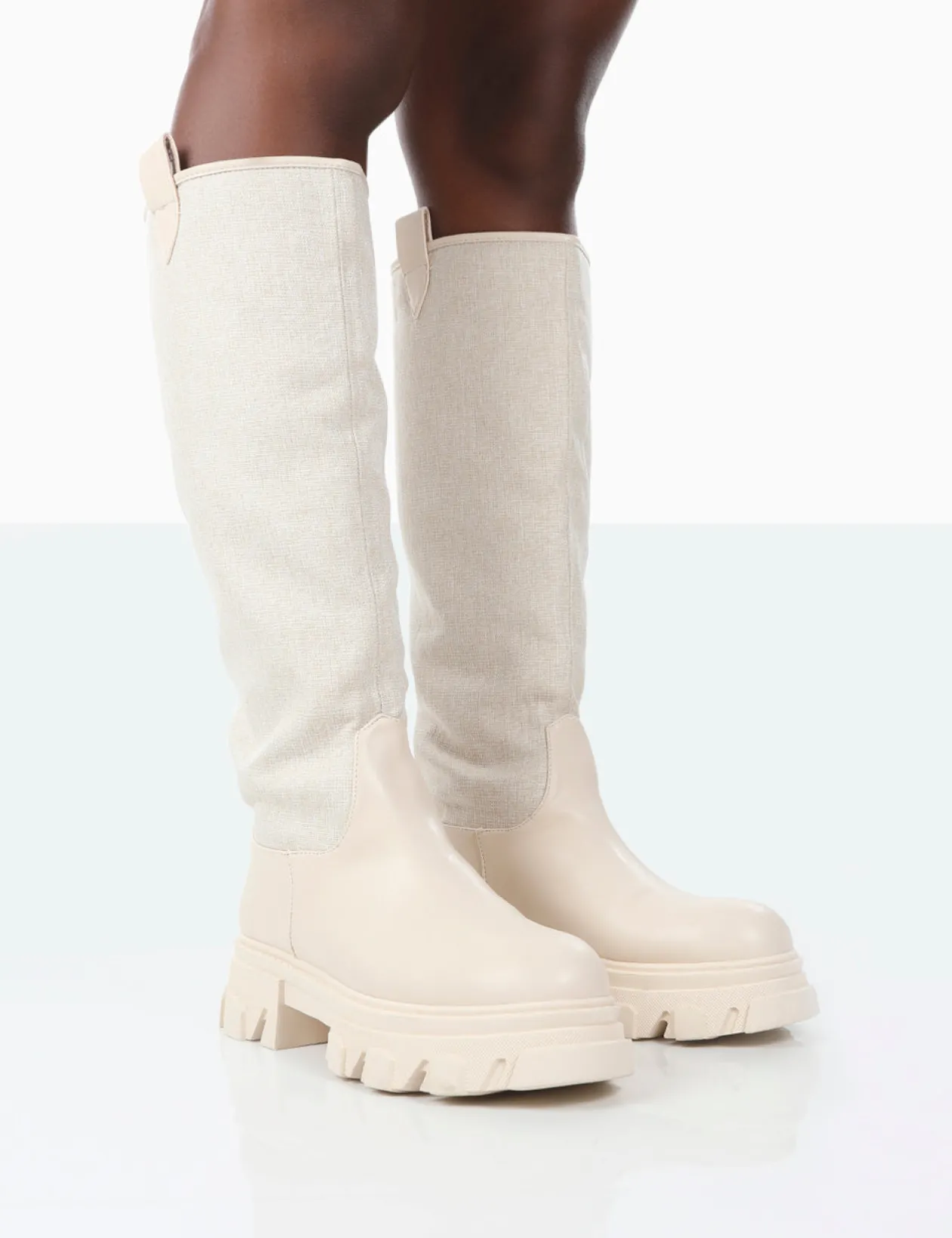 Public Desire Genius Pu Knee High Linen Platform Chunky Sole Boots | Women Knee High Boots