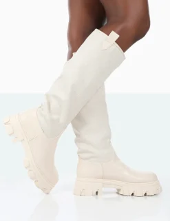Public Desire Genius Pu Knee High Linen Platform Chunky Sole Boots | Women Knee High Boots