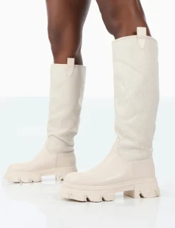 Public Desire Genius Pu Knee High Linen Platform Chunky Sole Boots | Women Knee High Boots