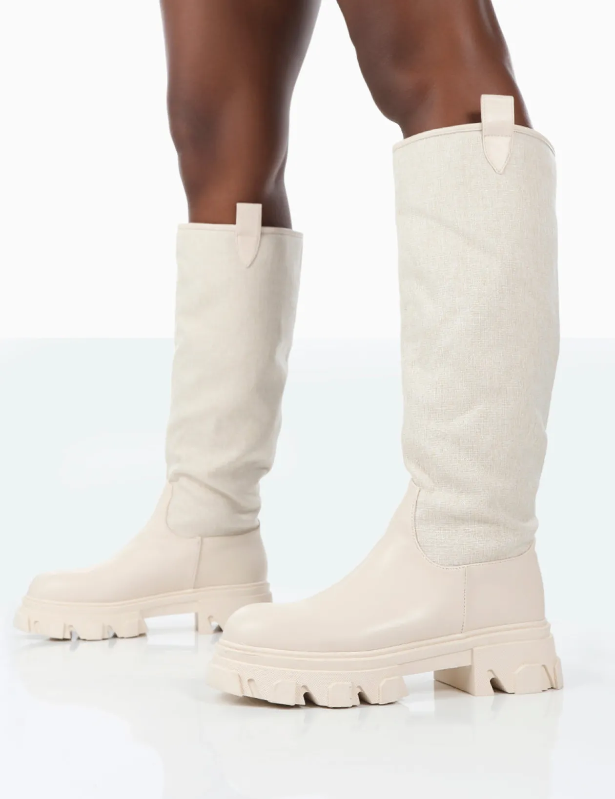 Public Desire Genius Pu Knee High Linen Platform Chunky Sole Boots | Women Knee High Boots