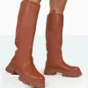 Public Desire Genius Tabacco Pu Knee High Chunky Sole Boots | Women Knee High Boots
