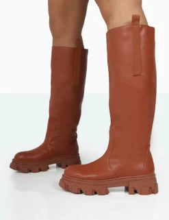 Public Desire Genius Tabacco Pu Knee High Chunky Sole Boots | Women Knee High Boots