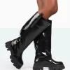 Public Desire Genius Wide Fit Box Patent Knee High Chunky Sole Boots | Women Wide Fit Long Boots