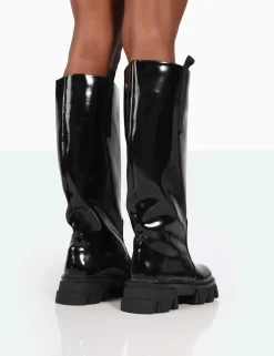Public Desire Genius Wide Fit Box Patent Knee High Chunky Sole Boots | Women Wide Fit Long Boots