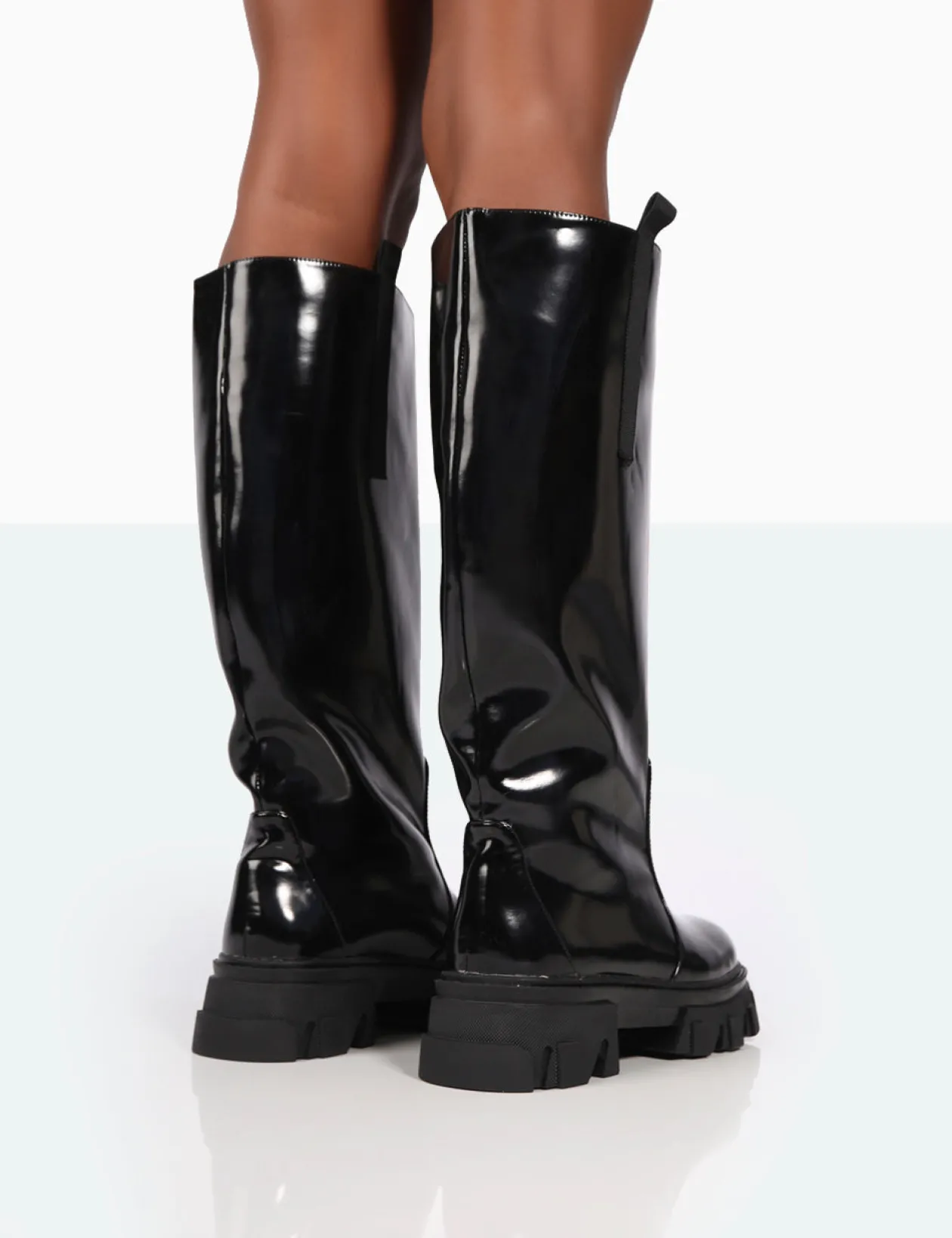 Public Desire Genius Wide Fit Box Patent Knee High Chunky Sole Boots | Women Wide Fit Long Boots