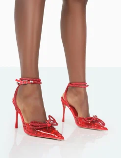 Public Desire Girl Gang Perspex Sparkly Diamante Wrap Around Bow Pointed Toe Court Heels | Women Court Heels