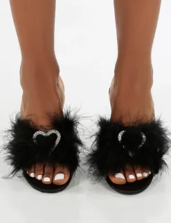 Public Desire Glam Embellished Heart Feather Mule Heels | Women Heeled Mules