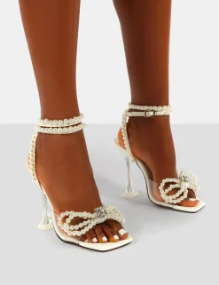 Public Desire Glimmer Wide Fit Wrap Around Pearl Detail Bow Square Toe Cake Stand Heels | Women Wide Fit Heels