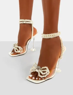Public Desire Glimmer Wide Fit Wrap Around Pearl Detail Bow Square Toe Cake Stand Heels | Women Wide Fit Heels