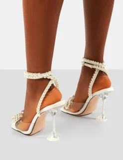 Public Desire Glimmer Wrap Around Pearl Detail Bow Square Toe Cake Stand Heels | Women Square Toe Heels