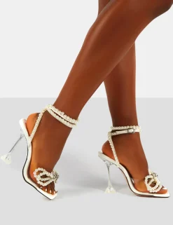 Public Desire Glimmer Wrap Around Pearl Detail Bow Square Toe Cake Stand Heels | Women Square Toe Heels