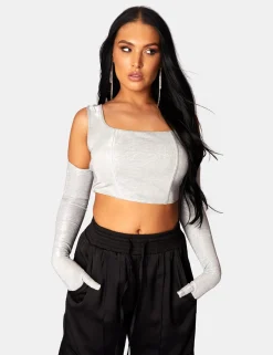 Public Desire Glitter Corset Top With Matching Gloves Silver | Women Tops