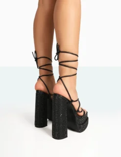 Public Desire Glow Girl Black Sparkly Diamante Lace Up Platform Block High Heels | Women Platform Heels