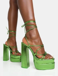 Public Desire Glow Girl Mirror Lace Up Platform High Heels | Women Lace Up Heels