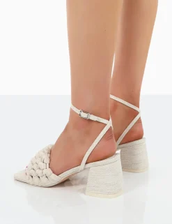 Public Desire Got This Natural Linen Woven Square Toe Block Mid Heeled Mule Sandals | Women Square Toe Heels