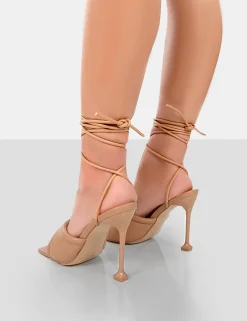 Public Desire Gracie Pu Square Peep Toe Lace Up Stiletto Heels | Women Stilettos