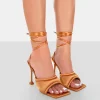 Public Desire Gracie Satin Square Peep Toe Lace Up Stiletto Heels | Women Stilettos