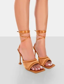 Public Desire Gracie Satin Square Peep Toe Lace Up Stiletto Heels | Women Stilettos