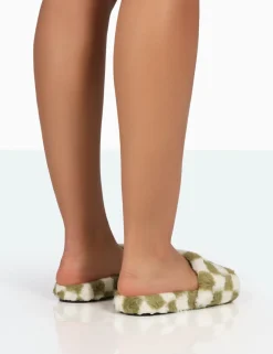 Public Desire Happy And White Checkerboard Fluffy Faux Fur Slider Slippers | Women Sliders