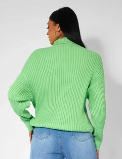 Public Desire High Neck Constrast Stitch Ribbed Knitted Oversized Jumper | Women Knitwear