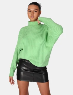 Public Desire High Neck Constrast Stitch Ribbed Knitted Oversized Jumper | Women Knitwear