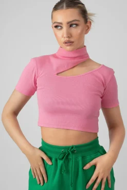 Public Desire High Neck Ribbed Cut Out Cropped T Shirt | Women Tops