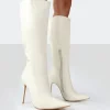 Public Desire Horizon Ecru Pu Stiletto Knee High Boots | Women Knee High Boots