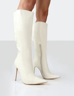 Public Desire Horizon Ecru Pu Stiletto Knee High Boots | Women Knee High Boots