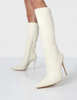 Public Desire Horizon Ecru Pu Stiletto Knee High Boots | Women Knee High Boots