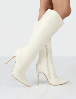 Public Desire Horizon Ecru Pu Stiletto Knee High Boots | Women Knee High Boots