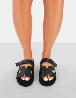 Public Desire Hot Fuzz Borg Cut Out Flat Sandals | Women Black Sandals