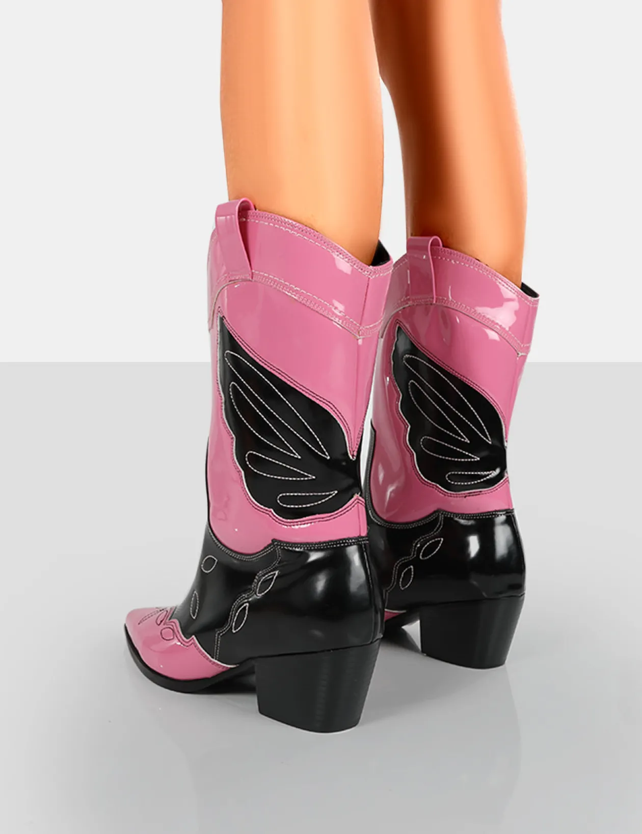 Public Desire Howdy Patent Pointed Toe Western Cowboy Block Ankle Boots | Women Western Boots