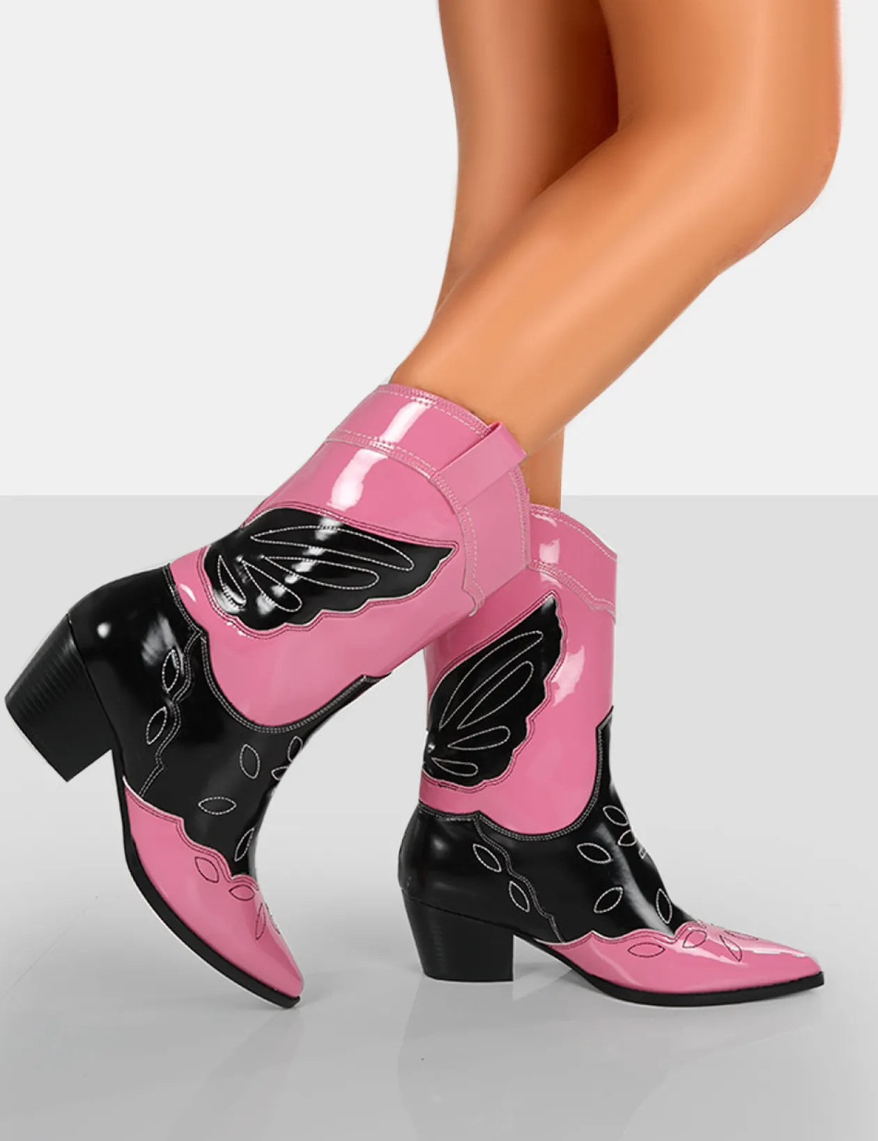 Public Desire Howdy Patent Pointed Toe Western Cowboy Block Ankle Boots | Women Western Boots
