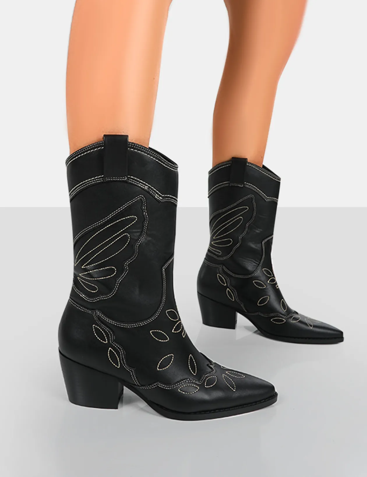 Public Desire Howdy Pu Pointed Toe Western Cowboy Block Ankle Boots | Women Western Boots