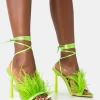 Public Desire Iconic Satin Feather Detail Square Toe High Heels | Women Stilettos