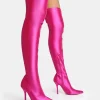 Public Desire Instinct Lycra Pointed Toe Stiletto Thigh High Boots | Women Over The Knee Boots