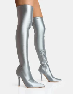 Public Desire Instinct Silver Lycra Pointed Toe Stiletto Thigh High Boots | Women Over The Knee Boots