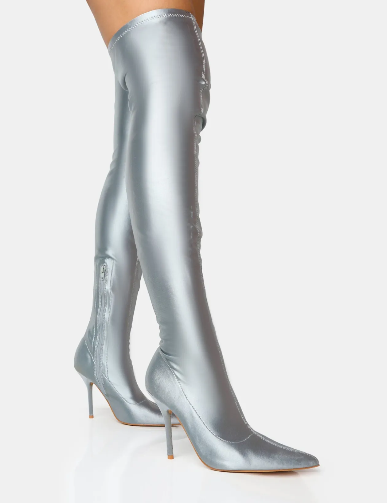 Public Desire Instinct Silver Lycra Pointed Toe Stiletto Thigh High Boots | Women Over The Knee Boots