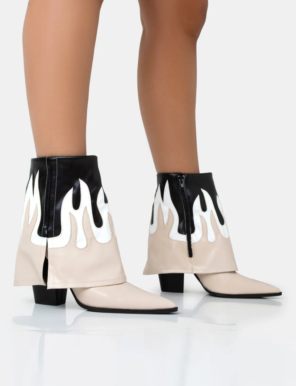 Public Desire Jackson Black Flame Fold Over Pointed Toe Western Ankle Boots | Women Western Boots