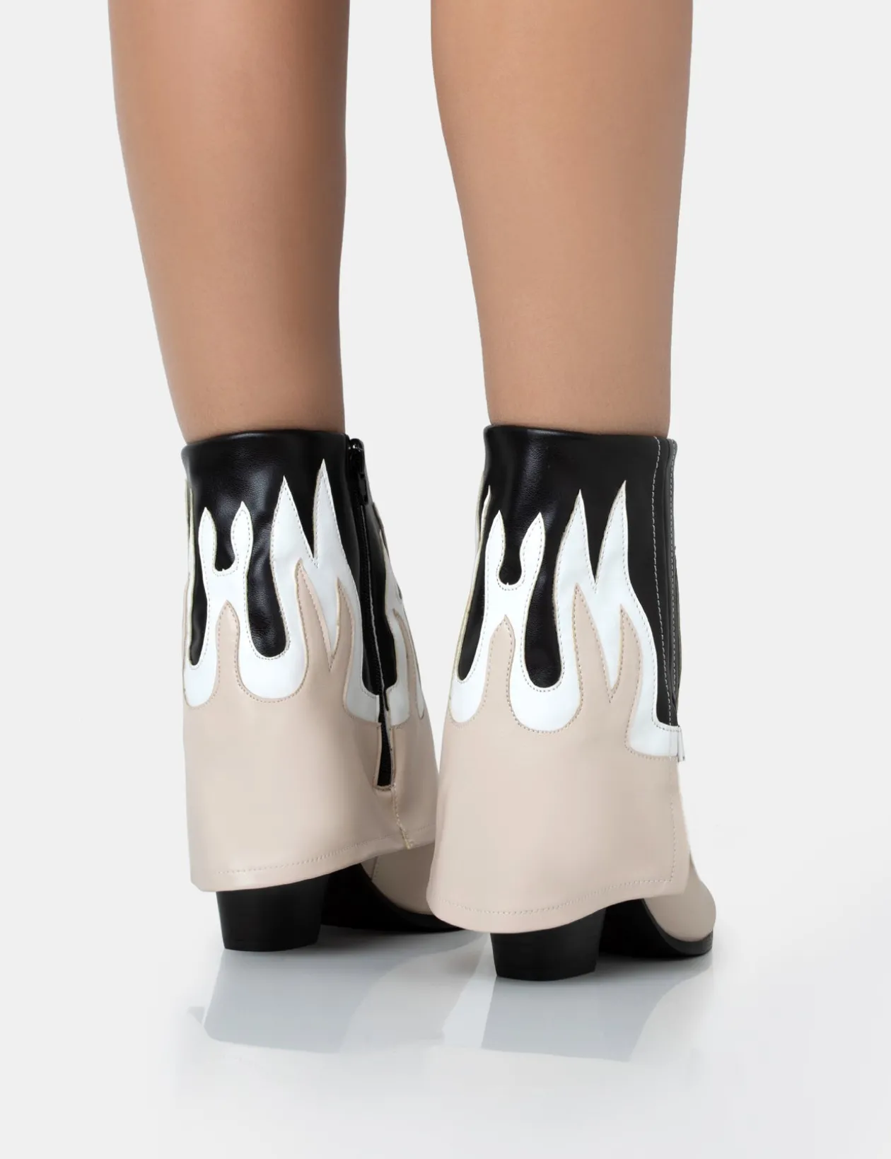 Public Desire Jackson Black Flame Fold Over Pointed Toe Western Ankle Boots | Women Western Boots