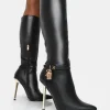 Public Desire Jayden Pu Padlock Detail Pointed Toe Gold Stiletto Heel Knee High Boots | Women Knee High Boots