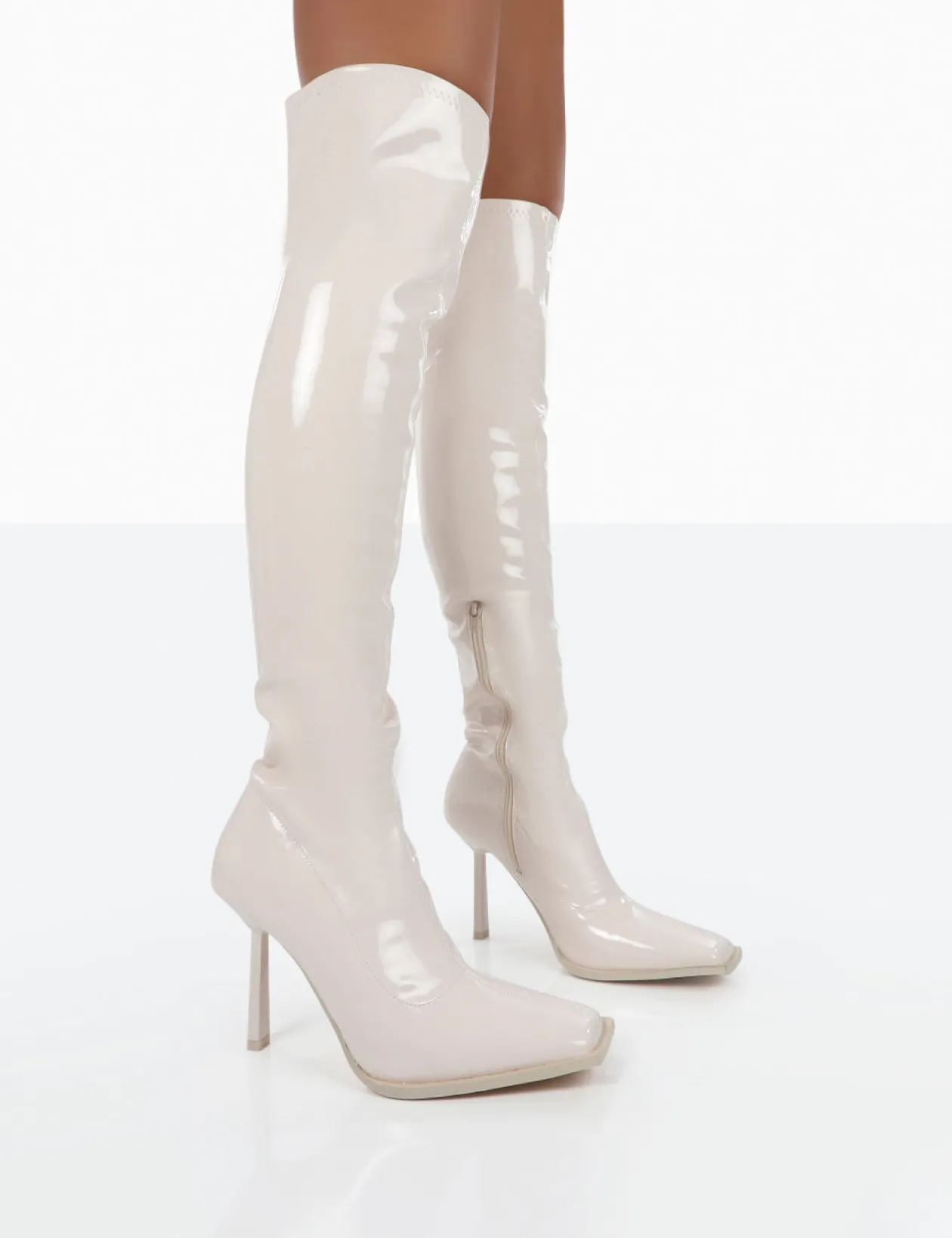 Public Desire Jenine Ecru Patent Over The Knee Stiletto Heeled Boots | Women Knee High Boots