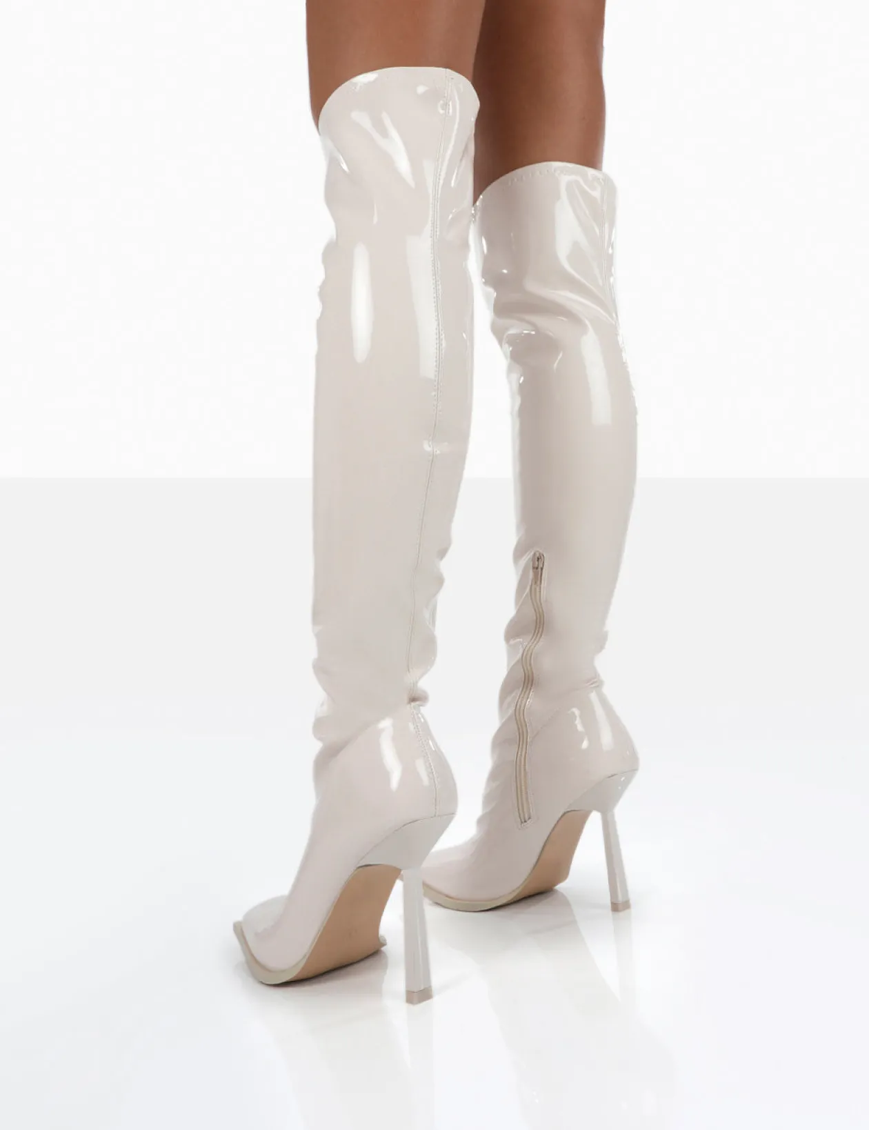 Public Desire Jenine Ecru Patent Over The Knee Stiletto Heeled Boots | Women Knee High Boots