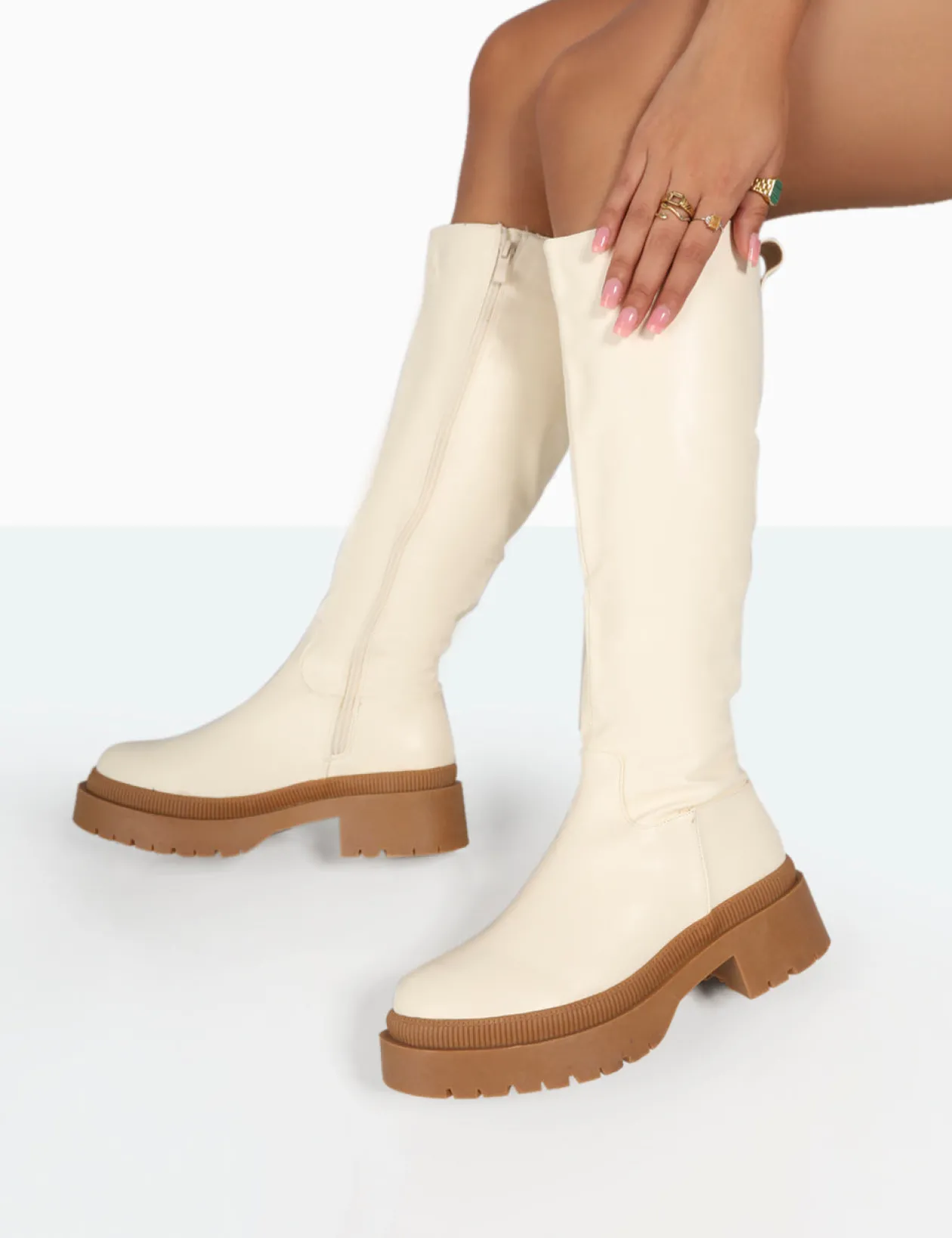Public Desire Jersey Pu Contrasting Chunky Sole Knee High Boots | Women Knee High Boots
