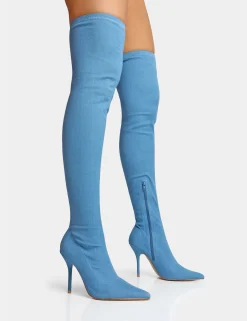 Public Desire Jodie Denim Seam Detail Pointed Toe Stiletto Thigh High Boots | Women Over The Knee Boots